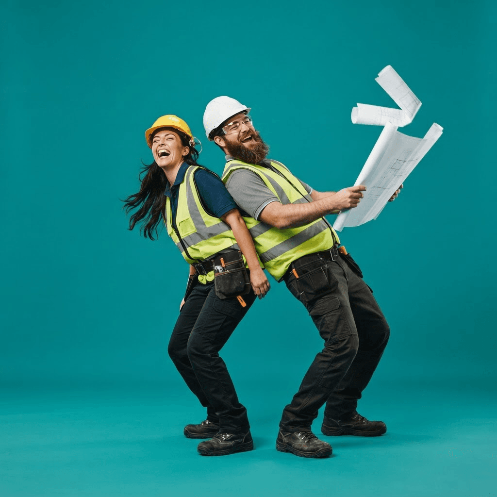 Two laughing construction workers in hard hats and hi-vis vests leaning back-to-back while blueprints fly out of hand