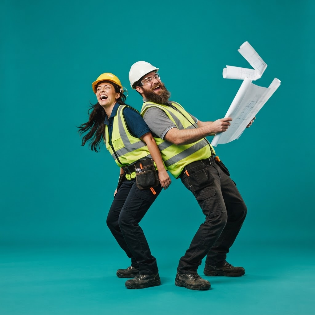 Two laughing construction workers in hard hats and hi-vis vests leaning back-to-back while blueprints fly out of hand