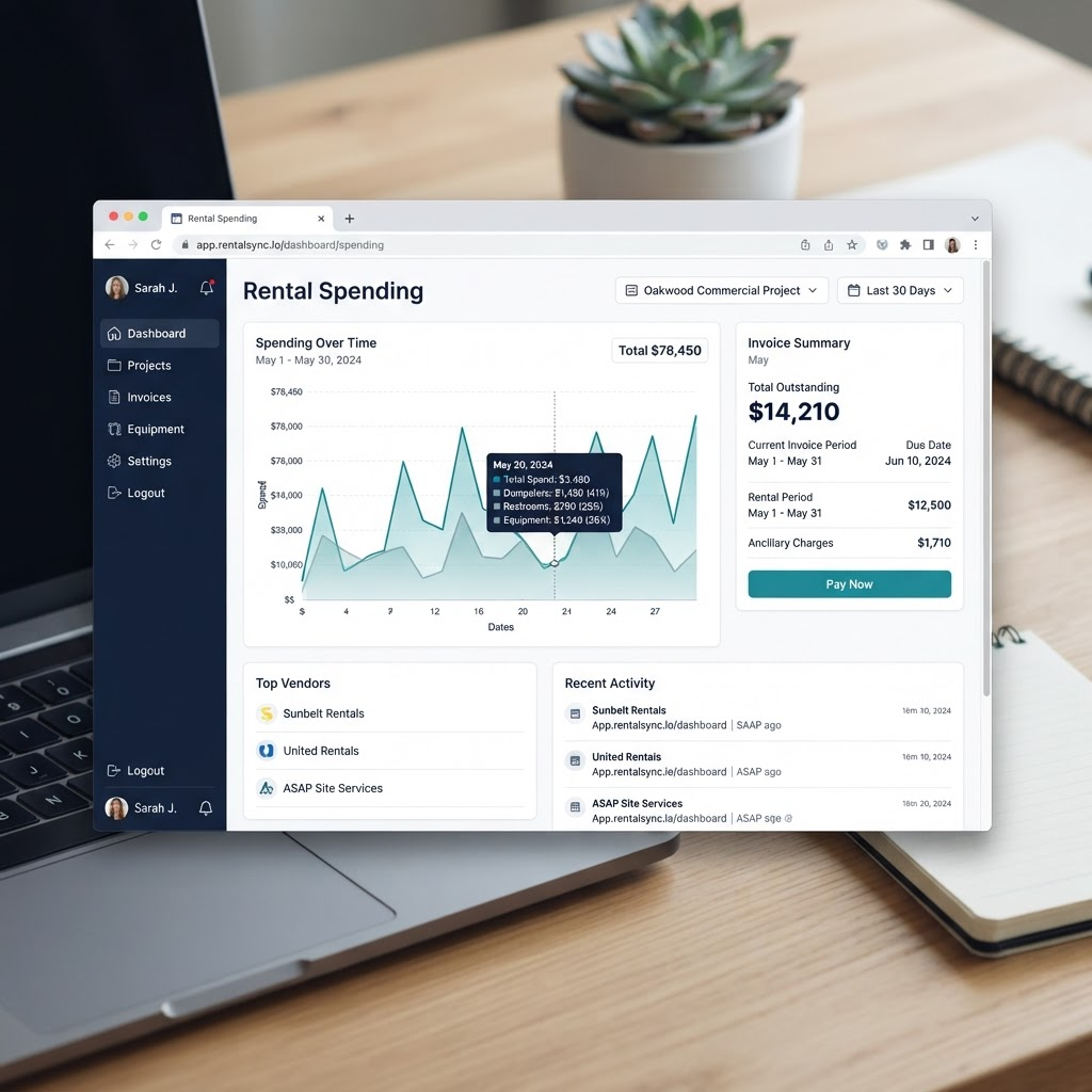 Downstream rental spending analytics with a spend-over-time chart and category breakdown